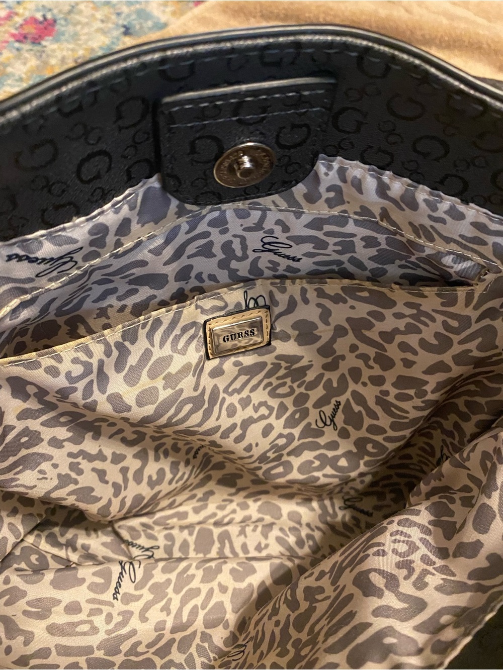 Guess Monogram Satchel Bag Y2K Charcoal Black Beige Top Handle - Picture 14 of 16
